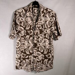 Men’s Timberland Brown & White Linen Button Down Short Sleeve Aloha Shirt Size L